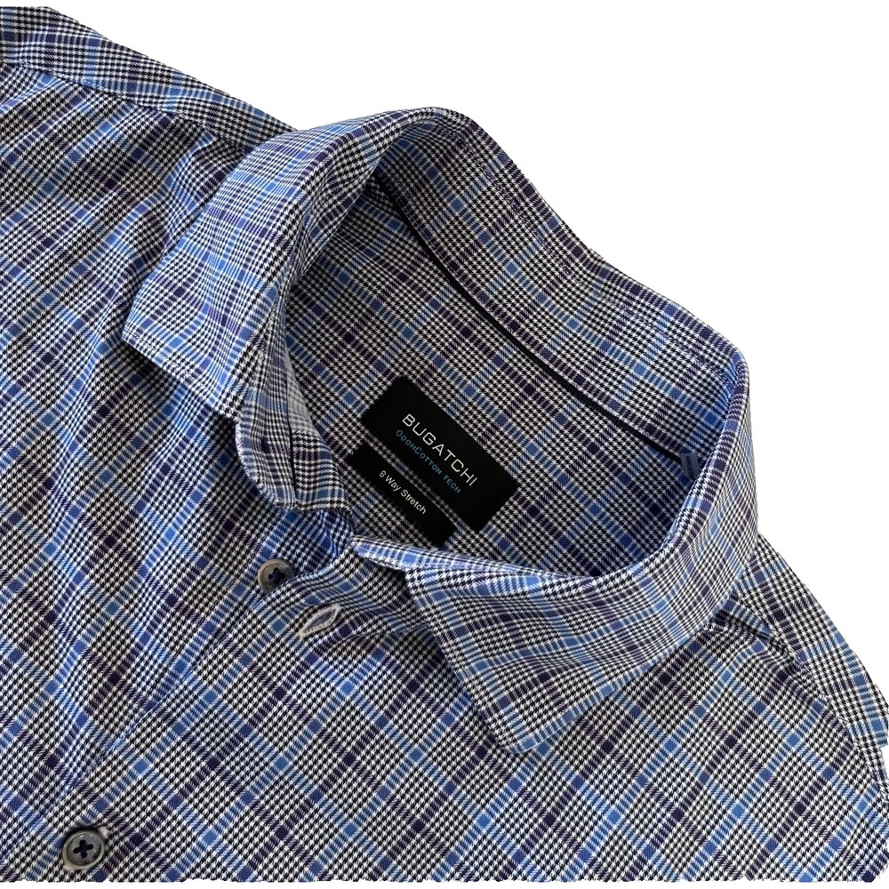 Bugatchi 8 Way Stretch Long Sleeve Shirt Mens Medium Plum‎ Plaid Blue